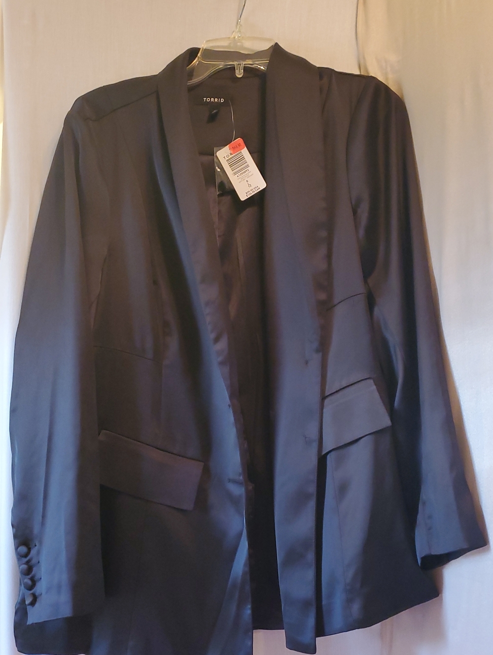 torrid Black Satin Open-Front Blazer with Flap Pockets